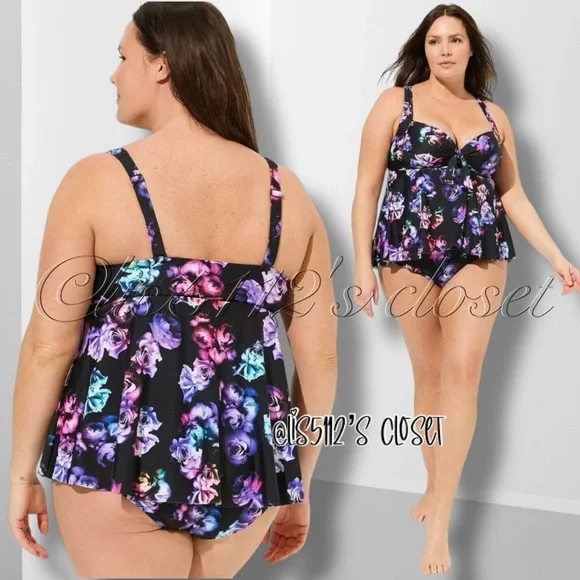 Torrid Midnight Roses Wireless Babydoll Tankini Top & Black Bottoms Swim SET 3X